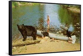 Bear Family in Canoe, Kid Screaming-null-Framed Stretched Canvas