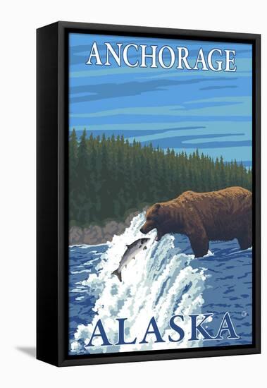 Bear Fishing in River, Anchorage, Alaska-Lantern Press-Framed Stretched Canvas