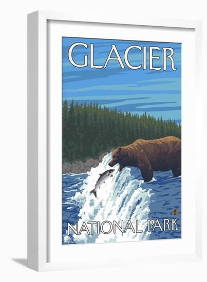 Bear Fishing in River, Glacier National Park, Montana-Lantern Press-Framed Art Print