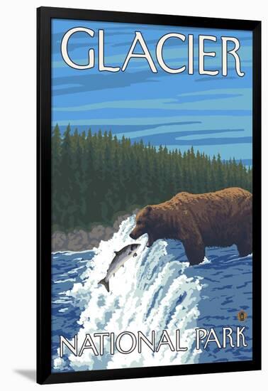 Bear Fishing in River, Glacier National Park, Montana-Lantern Press-Framed Art Print