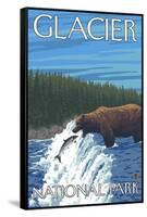 Bear Fishing in River, Glacier National Park, Montana-Lantern Press-Framed Stretched Canvas