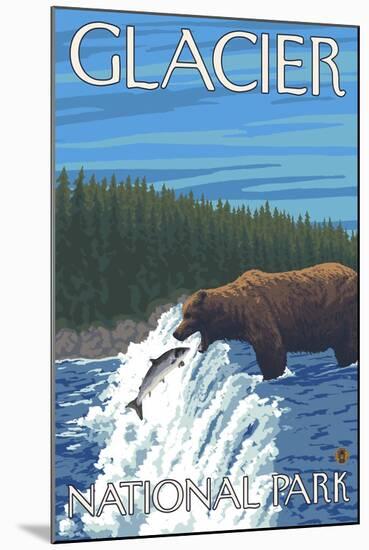 Bear Fishing in River, Glacier National Park, Montana-Lantern Press-Mounted Art Print