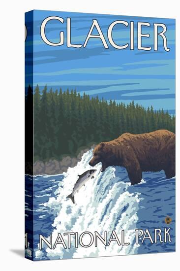 Bear Fishing in River, Glacier National Park, Montana-Lantern Press-Stretched Canvas