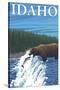 Bear Fishing in River, Idaho-Lantern Press-Stretched Canvas