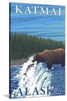 Bear Fishing in River, Katmai, Alaska-Lantern Press-Stretched Canvas