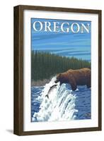 Bear Fishing in River, Oregon-Lantern Press-Framed Art Print