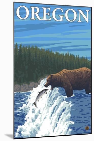 Bear Fishing in River, Oregon-Lantern Press-Mounted Art Print