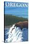 Bear Fishing in River, Oregon-Lantern Press-Stretched Canvas