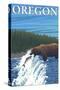 Bear Fishing in River, Oregon-Lantern Press-Stretched Canvas