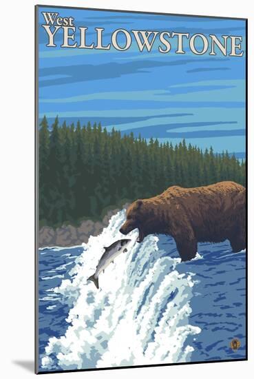 Bear Fishing in River, West Yellowstone, Montana-Lantern Press-Mounted Art Print