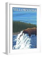 Bear Fishing in River, Yellowstone National Park-Lantern Press-Framed Art Print