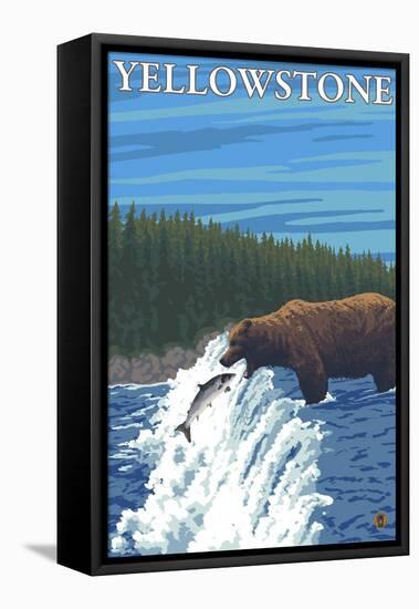 Bear Fishing in River, Yellowstone National Park-Lantern Press-Framed Stretched Canvas