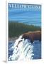 Bear Fishing in River, Yellowstone National Park-Lantern Press-Framed Art Print