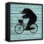 Bear on Bike on Old Board-J Hovenstine Studios-Framed Stretched Canvas