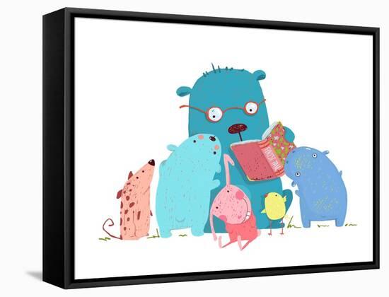 Bear Reading Book for Group of Animal Kids. Children Education and Reading. Child Learning, Teacher-Popmarleo-Framed Stretched Canvas