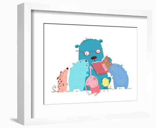 Bear Reading Book for Group of Animal Kids. Children Education and Reading. Child Learning, Teacher-Popmarleo-Framed Art Print