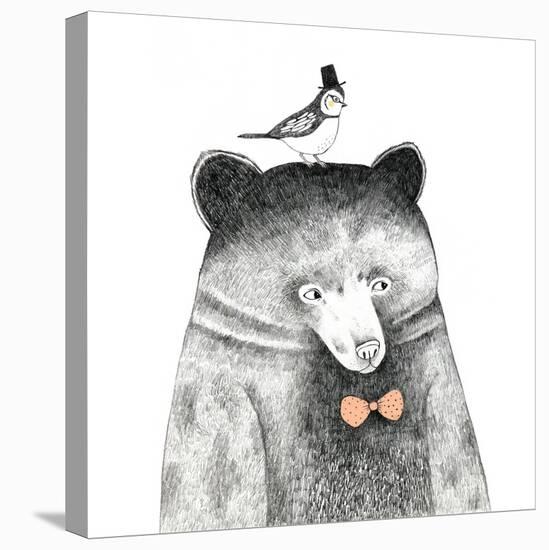Bear with a Bird on His Head - Pencil Drawing-lenaer-Stretched Canvas