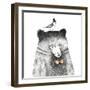 Bear with a Bird on His Head - Pencil Drawing-lenaer-Framed Art Print