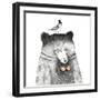 Bear with a Bird on His Head - Pencil Drawing-lenaer-Framed Art Print
