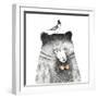 Bear with a Bird on His Head - Pencil Drawing-lenaer-Framed Art Print