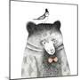 Bear with a Bird on His Head - Pencil Drawing-lenaer-Mounted Art Print