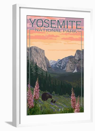 Bears and Spring Flowers - Yosemite National Park, California-Lantern Press-Framed Art Print