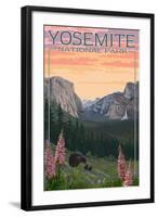 Bears and Spring Flowers - Yosemite National Park, California-Lantern Press-Framed Art Print