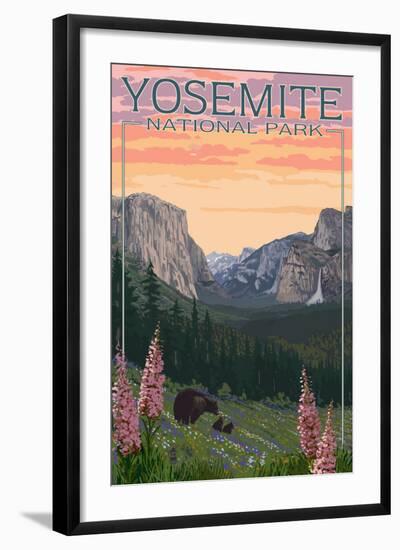 Bears and Spring Flowers - Yosemite National Park, California-Lantern Press-Framed Art Print