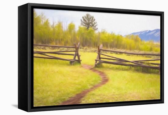 Beaten Path in Turf Ends at Gap between Two Jackleg Rail Fences across Hilly Meadow in Wyoming, Wit-Ken Schulze-Framed Stretched Canvas