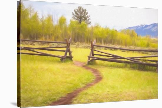 Beaten Path in Turf Ends at Gap between Two Jackleg Rail Fences across Hilly Meadow in Wyoming, Wit-Ken Schulze-Stretched Canvas