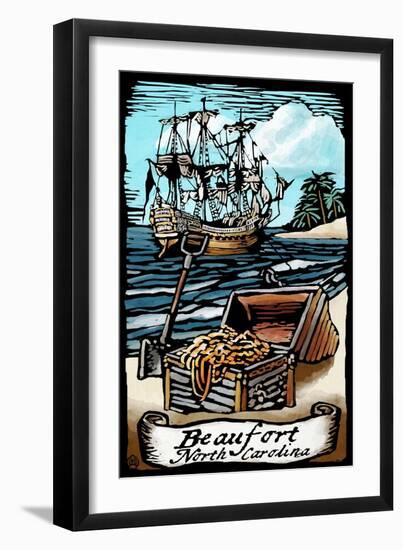 Beaufort, North Carolina - Pirates - Scratchboard-Lantern Press-Framed Art Print
