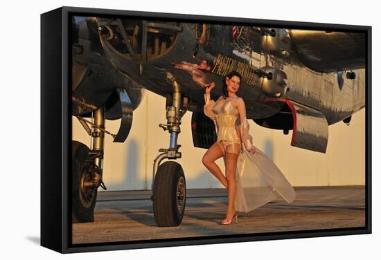 Beautiful 1940's Pin-Up Girl Standing with a B-25 Bomber-null-Framed Stretched Canvas