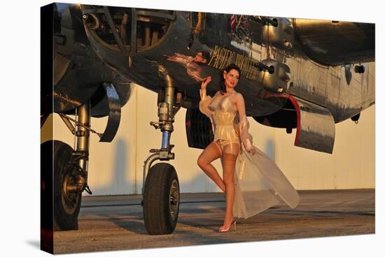 Beautiful 1940's Pin-Up Girl Standing with a B-25 Bomber-null-Stretched Canvas