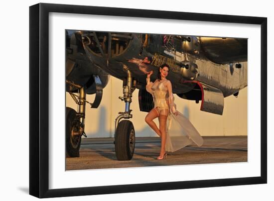 Beautiful 1940's Pin-Up Girl Standing with a B-25 Bomber-null-Framed Photographic Print