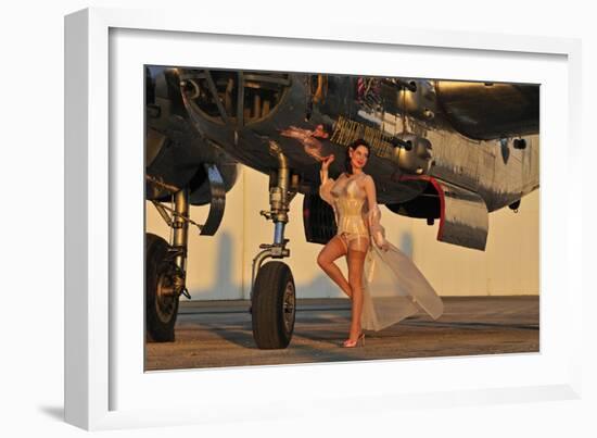 Beautiful 1940's Pin-Up Girl Standing with a B-25 Bomber-null-Framed Photographic Print