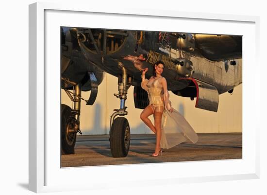 Beautiful 1940's Pin-Up Girl Standing with a B-25 Bomber-null-Framed Photographic Print