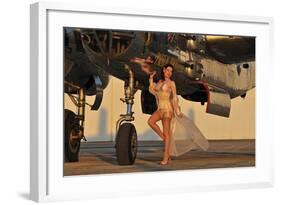 Beautiful 1940's Pin-Up Girl Standing with a B-25 Bomber-null-Framed Photographic Print