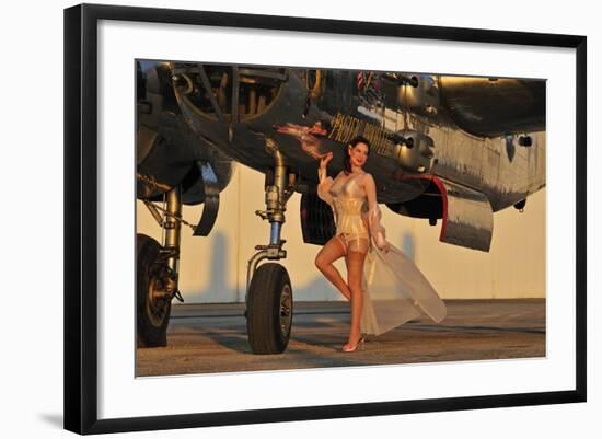 Beautiful 1940's Pin-Up Girl Standing with a B-25 Bomber-null-Framed Photographic Print