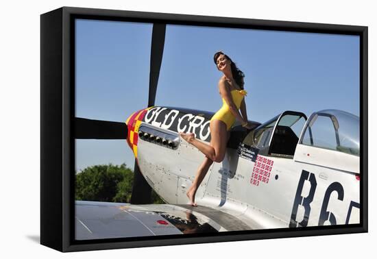 Beautiful 1940's Style Pin-Up Girl Posing with a P-51 Mustang-null-Framed Stretched Canvas