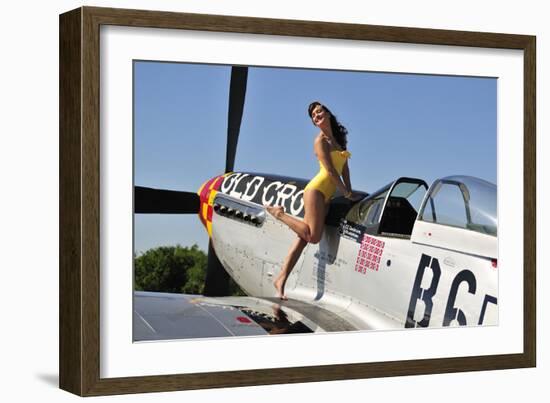 Beautiful 1940's Style Pin-Up Girl Posing with a P-51 Mustang-null-Framed Photographic Print