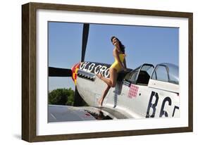 Beautiful 1940's Style Pin-Up Girl Posing with a P-51 Mustang-null-Framed Photographic Print