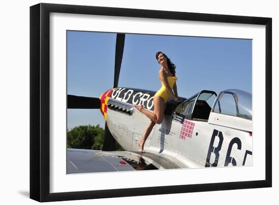 Beautiful 1940's Style Pin-Up Girl Posing with a P-51 Mustang-null-Framed Photographic Print