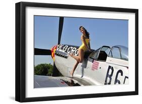 Beautiful 1940's Style Pin-Up Girl Posing with a P-51 Mustang-null-Framed Photographic Print