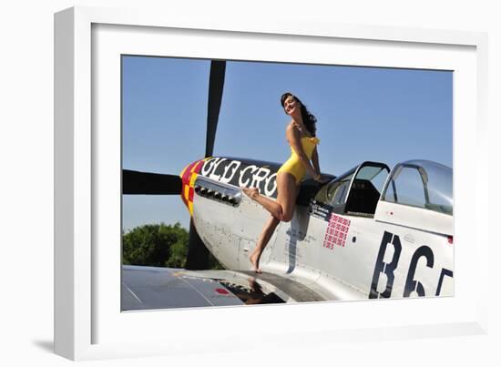 Beautiful 1940's Style Pin-Up Girl Posing with a P-51 Mustang-null-Framed Photographic Print