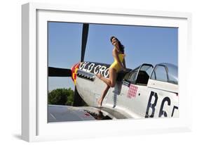 Beautiful 1940's Style Pin-Up Girl Posing with a P-51 Mustang-null-Framed Photographic Print