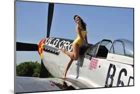 Beautiful 1940's Style Pin-Up Girl Posing with a P-51 Mustang-null-Mounted Photographic Print
