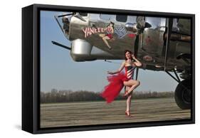Beautiful 1940's Style Pin-Up Girl Standing in Front of a B-17 Bomber-null-Framed Stretched Canvas