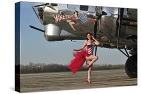 Beautiful 1940's Style Pin-Up Girl Standing in Front of a B-17 Bomber-null-Stretched Canvas