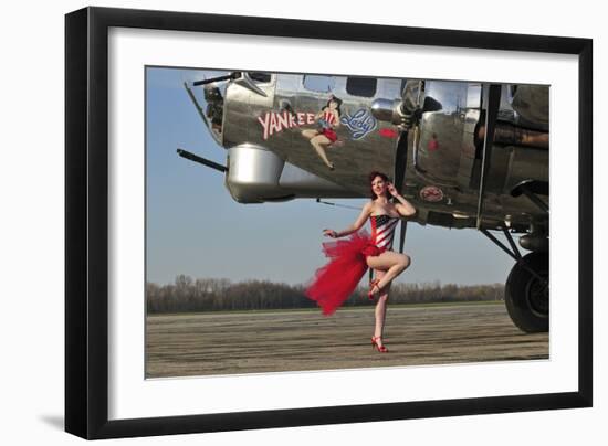 Beautiful 1940's Style Pin-Up Girl Standing in Front of a B-17 Bomber-null-Framed Photographic Print