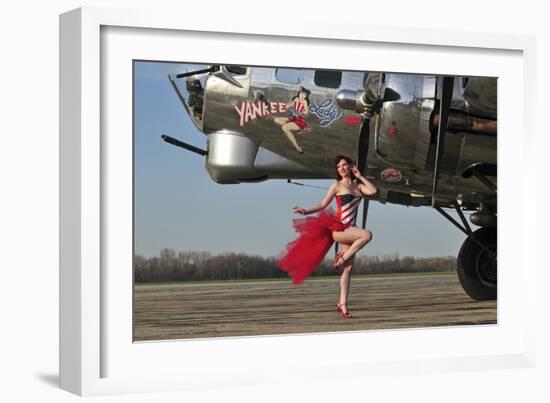 Beautiful 1940's Style Pin-Up Girl Standing in Front of a B-17 Bomber-null-Framed Photographic Print